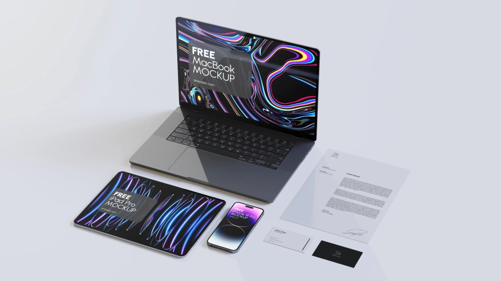 Free Stationary branding template including MacBook iPad iPhone, letter and business cards. 8K resolution